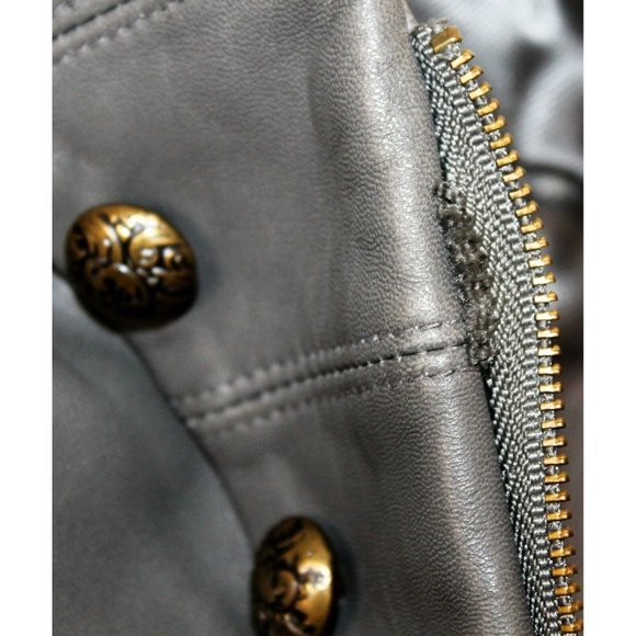 Michaela Fur Gray Leather Zip Band Jacket Military Style Buttons Women's Sz M - Picture 8 of 11